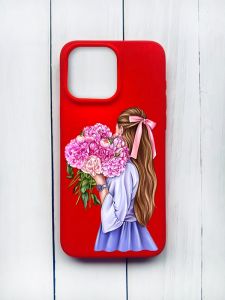 Матовий чохол на iPhone 15 Pro Max Червоний :: Дівчина з півоніями (принт 11)