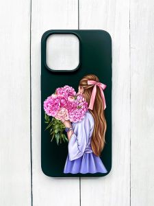 Матовий чохол на iPhone 15 Pro Max Чорний :: Дівчина з півоніями (принт 11)