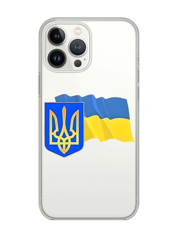 Прозорий чохол із захистом камери на iPhone 14 Pro Max :: Тризуб і прапор України (принт 384)