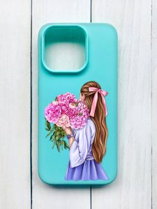 Матовий чохол на iPhone 15 Pro Бірюзовий :: Дівчина з півоніями (принт 11)