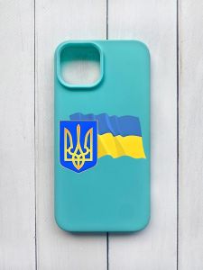 Матовий чохол на iPhone 15 Бірюзовий :: Тризуб і прапор України (принт 384)