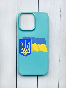 Матовий чохол на iPhone 15 Pro Max Бірюзовий :: Тризуб і прапор України (принт 384)