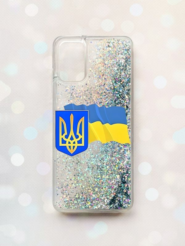Чохол з плаваючими блискітками на Samsung Galaxy A02s Срібний :: Тризуб і прапор України (принт 384)