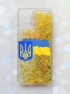 Чохол з плаваючими блискітками на Samsung Galaxy A02s Золотий :: Тризуб і прапор України (принт 384)