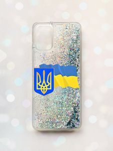 Чохол з плаваючими блискітками для Samsung Galaxy A03s (A037) Срібний :: Тризуб і прапор України (принт 384)