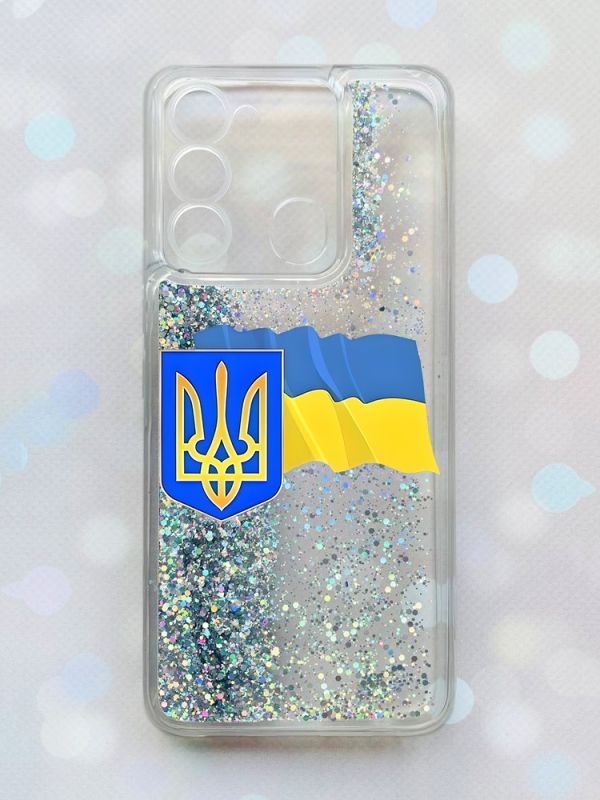 Чохол з плаваючими блискітками на TECNO Spark Go 2022 Срібний :: Тризуб і прапор України (принт 384)