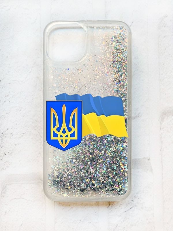 Чохол із плаваючими блискітками на iPhone 14 Срібний :: Тризуб і прапор України (принт 384)