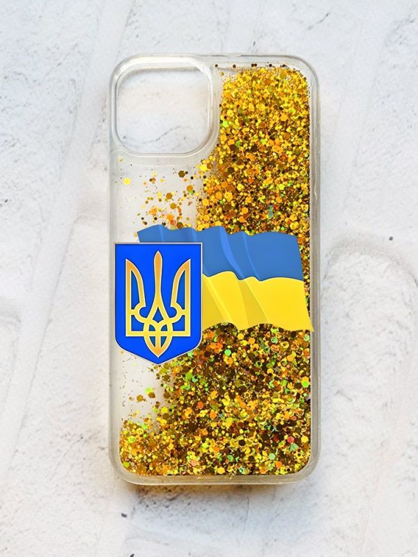 Чохол із плаваючими блискітками на iPhone 14 Золотий :: Тризуб і прапор України (принт 384)