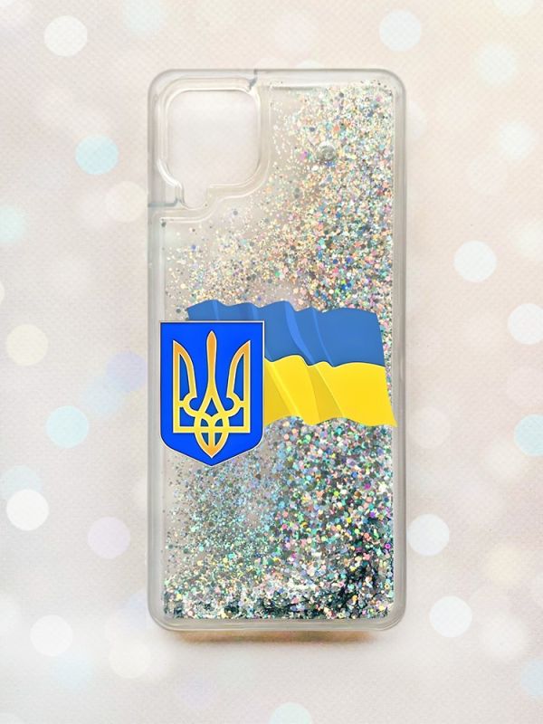Чохол з плаваючими блискітками Samsung Galaxy A12 Срібний :: Тризуб і прапор України (принт 384)