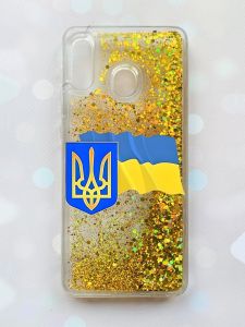 Чохол з плаваючими блискітками на Samsung Galaxy A30(2019) A305/A20 Золотий :: Тризуб і прапор України (принт 384)
