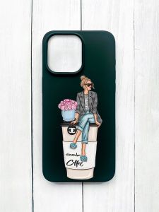 Матовий чохол на iPhone 15 Pro Max Чорний :: Дівчина на каві (принт 228)