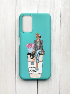 Матовий чохол на Xiaomi Redmi 9T Бірюзовий :: Дівчина на каві (принт 228)