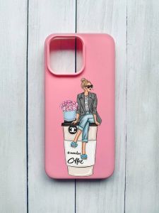 Матовий чохол на iPhone 15 Pro Max Рожевий :: Дівчина на каві (принт 228)