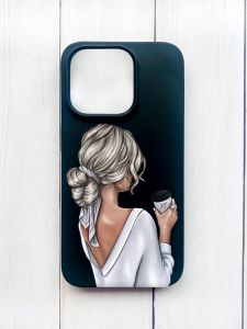 Матовий чохол на iPhone 15 Plus Чорний :: Дівчина з латте (принт 227)