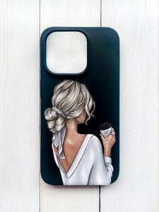 Матовий чохол на iPhone 15 Pro Чорний :: Дівчина з латте (принт 227)