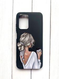 Матовий чохол на Xiaomi Redmi 10 Чорний :: Дівчина з латте (принт 227)