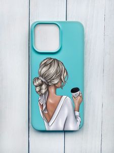 Матовий чохол на iPhone 15 Pro Max Бірюзовий :: Дівчина з латте (принт 227)