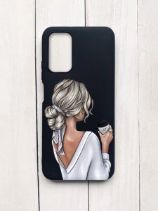 Матовий чохол на Xiaomi Redmi 9T Чорний :: Дівчина з латте (принт 227)