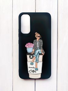 Матовий чохол на Samsung A34 5G Чорний :: Дівчина на каві (принт 228)
