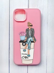 Матовий чохол на iPhone 15 Plus Рожевий :: Дівчина на каві (принт 228)