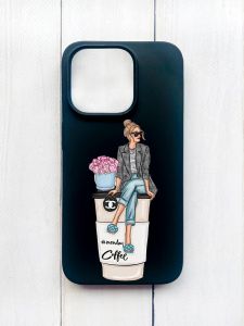 Матовий чохол на iPhone 15 Pro Чорний :: Дівчина на каві (принт 228)
