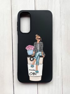 Матовий чохол на Samsung Galaxy A24 Чорний :: Дівчина на каві (принт 228)