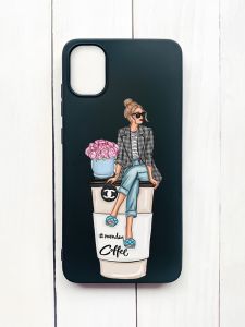 Матовий чохол на Samsung Galaxy A05 (A055) Чорний :: Дівчина на каві (принт 228)