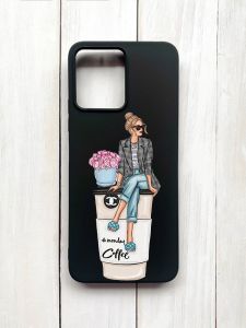 Матовий чохол на Xiaomi Redmi 12 Чорний :: Дівчина на каві (принт 228)