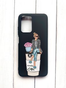 Матовий чохол на Xiaomi Redmi 10 Чорний :: Дівчина на каві (принт 228)