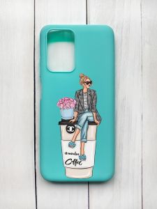 Матовий чохол на Xiaomi Redmi 10 Бірюзовий :: Дівчина на каві (принт 228)