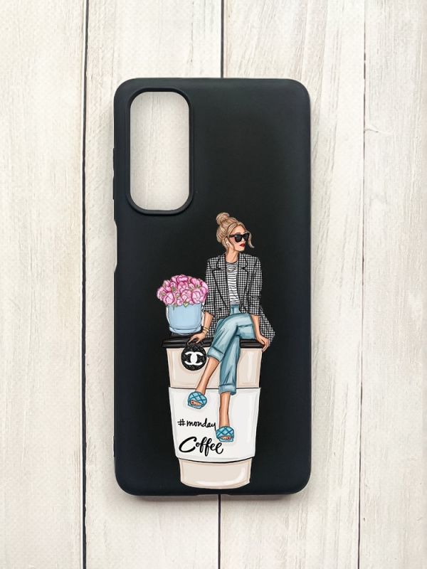 Матовий чохол на Samsung Galaxy M54 Чорний :: Дівчина на каві (принт 228)