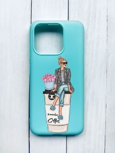 Матовий чохол на Xiaomi Redmi 12C Бірюзовий :: Дівчина на каві (принт 228)