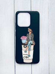 Матовий чохол на Xiaomi Redmi 12C Чорний :: Дівчина на каві (принт 228)