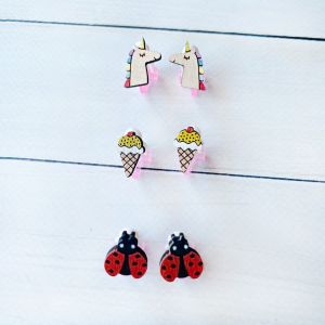 Комплект сережок кліпс Дитячий набір (єдиноріг, морозиво, божа корівка)