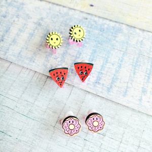 Комплект сережок кліпс Дитячий набір (сонце, кавун, пончик)