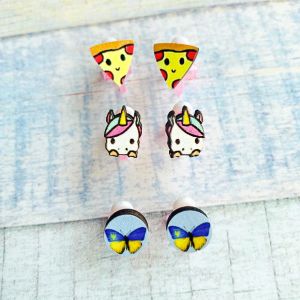 Комплект сережок кліпс Дитячий набір (піца, єдиноріг, метелик)