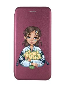 Чохол-книжка з малюнком для Samsung Galaxy A35 (A356) Бордовий :: Дівчина з тюльпанами (принт 22)