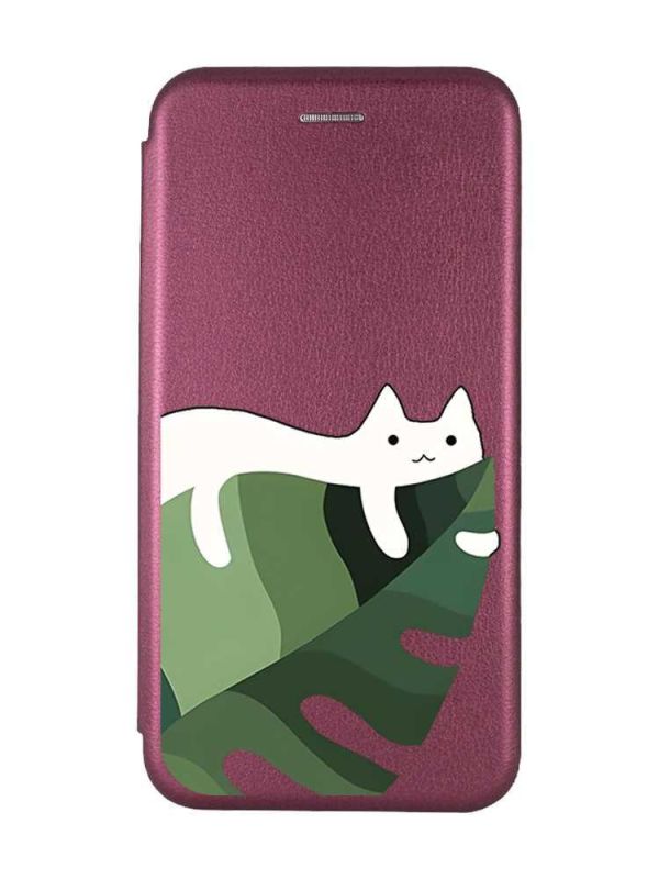 Чохол-книжка з малюнком для Samsung Galaxy A55 (A556) Бордовий :: Кіт на листку (принт 367)