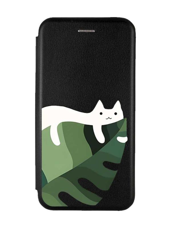 Чохол-книжка з малюнком для Samsung Galaxy A35 (A356) Чорний :: Кіт на листку (принт 367)