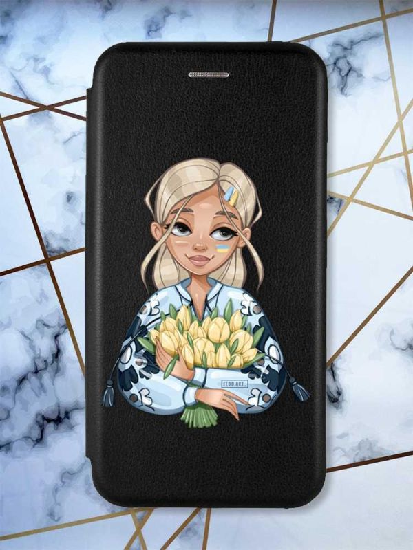 Чохол-книжка з малюнком для Samsung Galaxy A35 (A356) Чорний :: Дівчина з тюльпанами (принт 23)