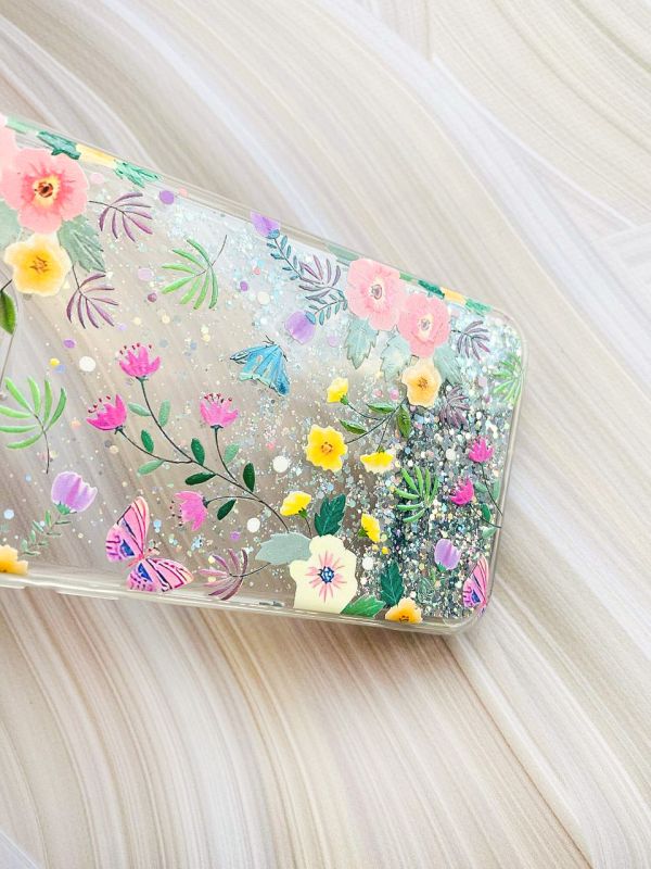 Чохол з плаваючими блискітками Samsung Galaxy A12 Срібний :: Квітковий фон (принт 369)