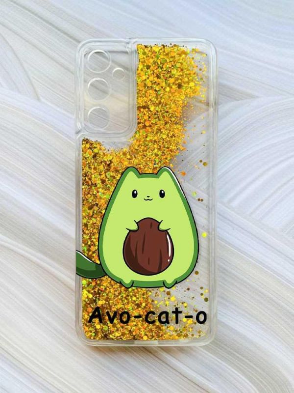 Чохол з плаваючими блискітками на Samsung Galaxy A05s (A057) Золотий :: Котик Авокадо (принт 306)