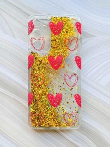 Чохол з плаваючими блискітками на Samsung Galaxy A05s (A057) Золотий :: Сердечка червоні (принт 77)