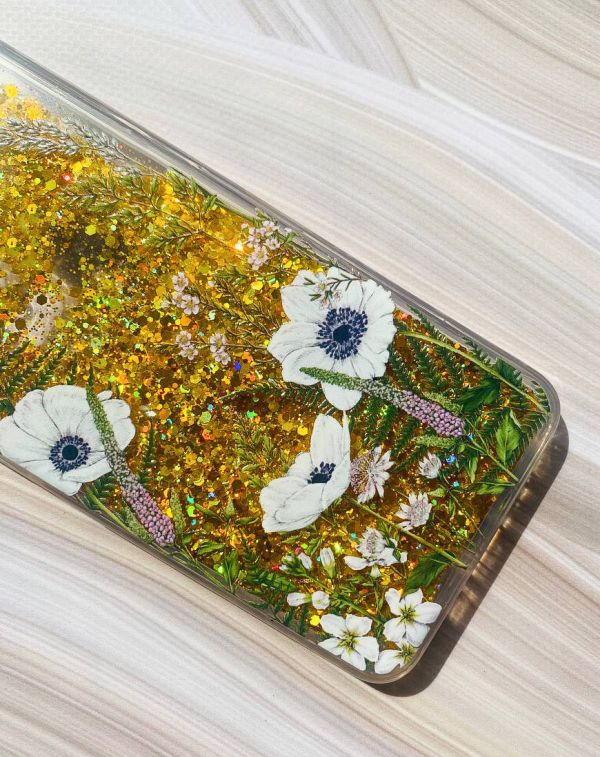 Чохол з плаваючими блискітками на Samsung Galaxy A05s (A057) Золотий :: Квіти польові (принт 363)