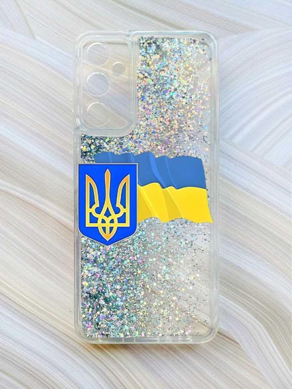 Чохол з плаваючими блискітками на Samsung Galaxy A05s (A057) Сріблястий :: Тризуб і прапор України (принт 384)