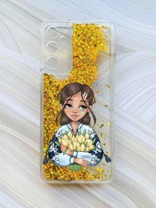 Чохол з плаваючими блискітками на Samsung Galaxy A14 5G Золотий :: Дівчина з тюльпанами (принт 22)