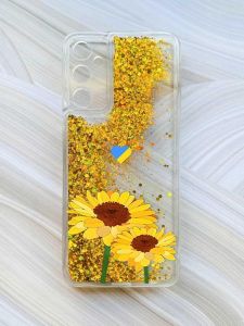 Чохол з плаваючими блискітками на Samsung Galaxy A14 5G Золотий :: Жовті квіти (принт 364)