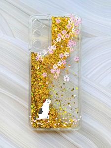 Чохол з плаваючими блискітками на Samsung Galaxy A14 5G Золотий :: Котик і сакура (принт 283)