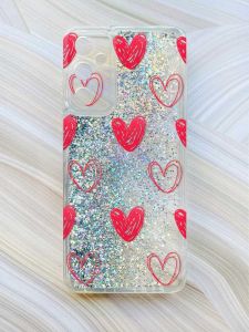 Чохол з плаваючими блискітками на Samsung Galaxy A14 5G Срібний :: Сердечка червоні (принт 77)