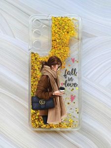 Чохол з плаваючими блискітками на Samsung Galaxy A15 (A155) Золотий :: Дівчина з кавою (принт 112)